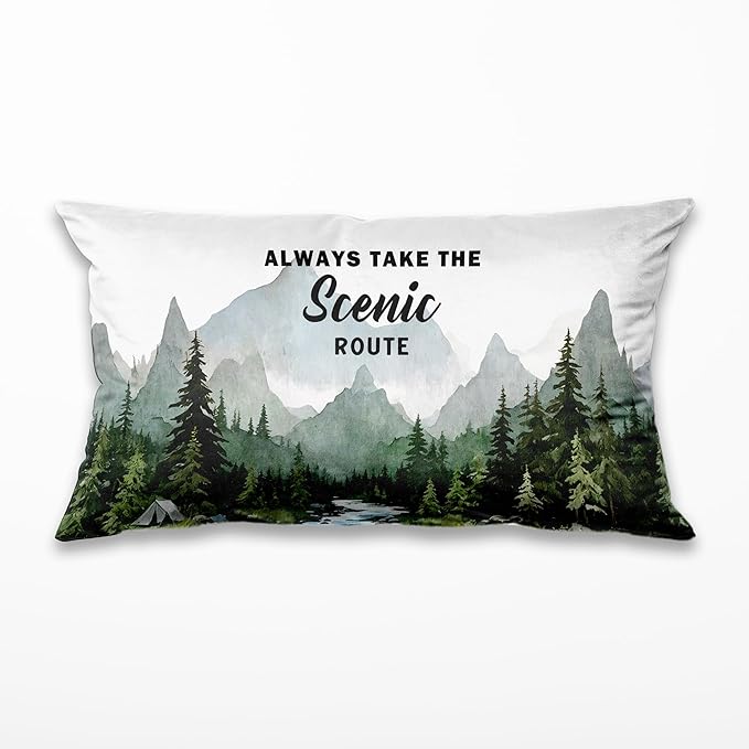 Camping Forest Mountain Pillow Cover 12x20, Take The Scenic Route Decorative Camping Pillow Case, Nature Camper RV Cushion Cover for Couch Sofa,Adventure Gifts for Camper Lovers