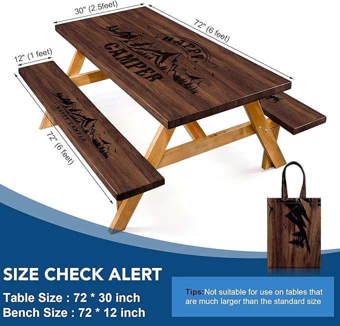 Picnic Table Cover with Bench Covers and Bag, 72in Camping Tablecloth, Waterproof Windproof Elastic Edges Fitted Rectangle Tables RV Gear Campers Must Have(Brown）