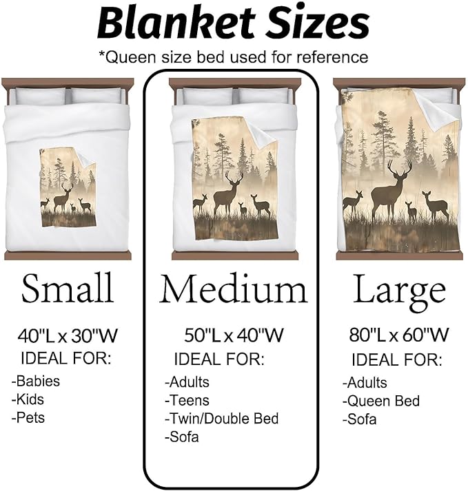 Vintage Deer Blanket Nature Wildlife Art with Rustic Forest Silhouette Throw Blankets Lightweight Flannel Throws for Camping Couch Chair Bed Home Decor Gifts for Animal Lover,80x60inch