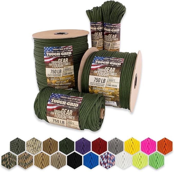 TOUGH-GRID 750 Paracord Military Grade Nylon Rope - Type IV Mil-Spec Made in USA - Tactical Survival Cord