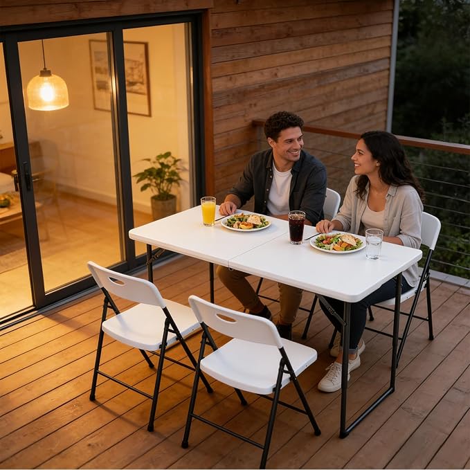 Folding Table 48" x 24" - Heavy Duty Fold-in-Half Plastic Table with Adjustable Height, Portable Utility Tables with Steel Legs for Indoor, Outdoor, Picnic, Camping, Dining, Party (White)
