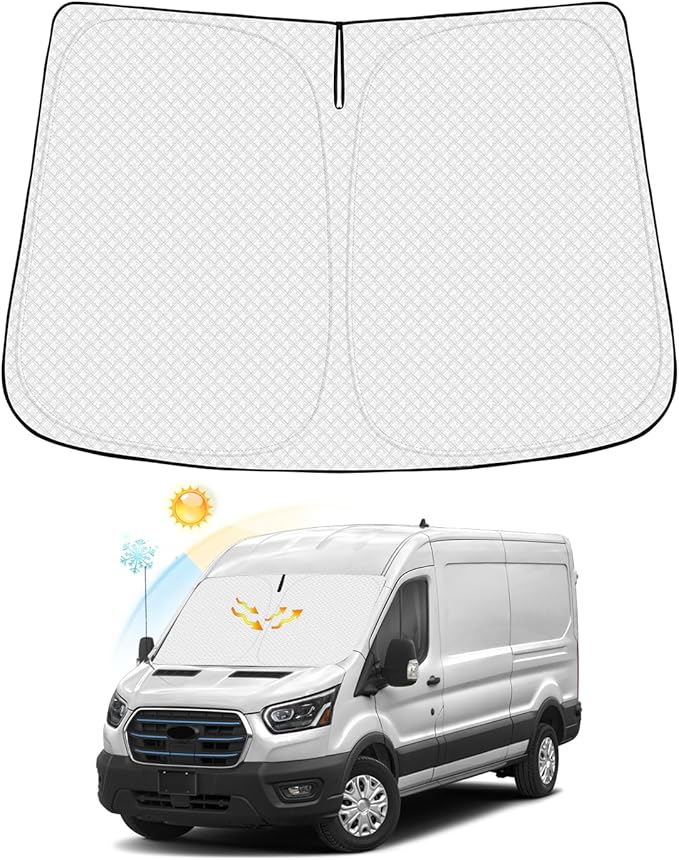 Canvcle Windshield Sun Shade for 2022-2025 2026 Ford E-Transit Accessories Thicken 6-Layer Front Window Sunshade Cover Sun Visor Protector Foldable Block UV Rays Keep Vehicle Cool
