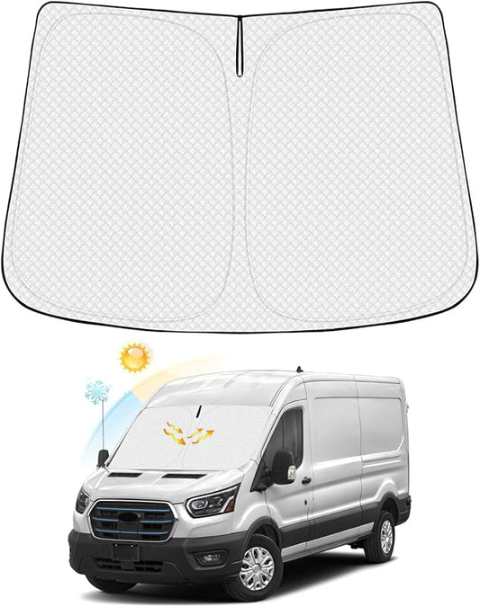 Canvcle Windshield Sun Shade for 2022-2025 2026 Ford E-Transit Accessories Thicken 6-Layer Front Window Sunshade Cover Sun Visor Protector Foldable Block UV Rays Keep Vehicle Cool