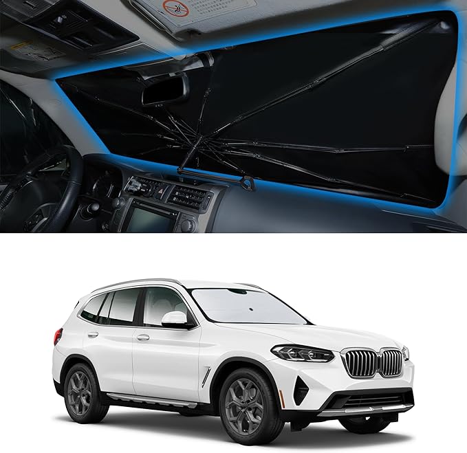 Windshield Sun Shade Umbrella Custom Fit for 2025-2026 BMW X3 Accessories Foldable Sunshade Sun Blocker Protect Car from Sun Rays & Heat Damage Keep Car Cooler