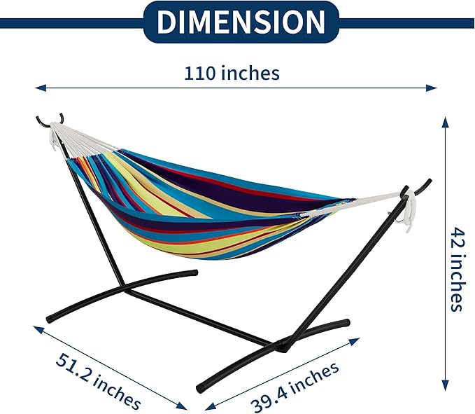 Double Hammock with Steel Stand - 2 Person Hammock Bed Indoor Outdoor, Brazilian-Style, with Carry Bag, 450lb Capacity, Portable & Easy Assembly, Tropical