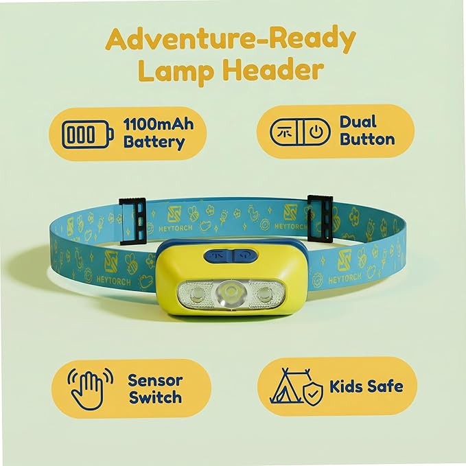 Motion Sensor Headlamp for Kids & Rechargeable Camping Lantern Set - Hands-Free Wave Control, 1200mAh USB-C Charging, 3 Light Modes, Safe for Camping, Emergency - Spring Camping Gear for Kids (Green)