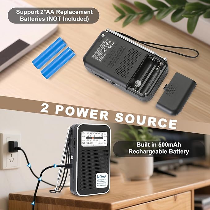 4 Bands AM FM SW NOAA Weather Radio, Portable Pocket Radio with Earphone Jack & Speaker, Rechargeable & Battery Powered, Compact Emergency Radio for Hurricane Home Outdoor Walking