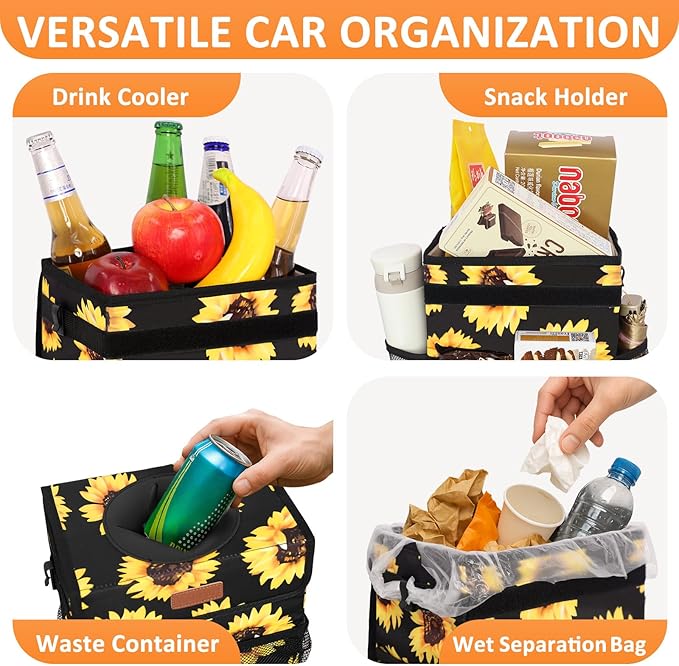 Vankor Car Trash Can for Car Cute,Bag Bin Hanging Waterproof Automotive Garbage Cans Leak Proof Vehicle Trash Can Sunflower