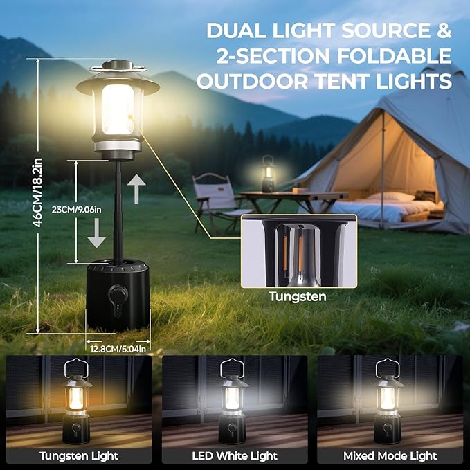 LED Camping Lantern, 8000mAh Telescopic Vintage Rechargeable Lantern, Dual Light Source & 3 Light Modes (2000K-6500K), 360° Lighting Emergency Lights for Camping, Home Power Outage, Hurricane, Hiking