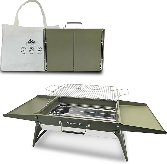 Charmline 20 x 14 inches Large Foldable Portable Charcoal BBQ Grill, Camping BBQ Grill for 3–5 People, Ideal for Camping, Garden, Beach, Picnic & Tabletop Use, Green