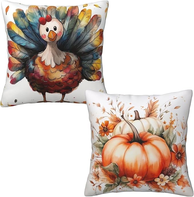 Turkey Thanksgiving Day Throw Pillow Covers 18x18 inch Set of 2 Pumpkin Pillow Case Cushion Cover for Home Sofa Couch Living Room Car Decor