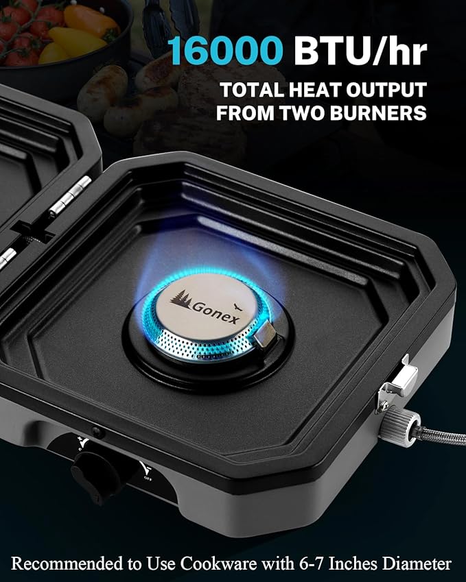 Gonex 2 Burner Propane Camping Stove with Griddle & Grates, Portable Foldable Cooking Stove with Total 16,000 BTU, Two Piezo Ignition Adjustable Burners for Camping, Patio, Emergency, Hiking (Grey)