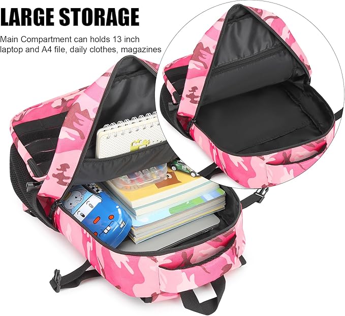 Kids Tactical Backpack Army Molle Bookbag Military Boys Backpack for School, Outdoor, Camping (Includes 2 Patches+1Carabiner), Pink CM