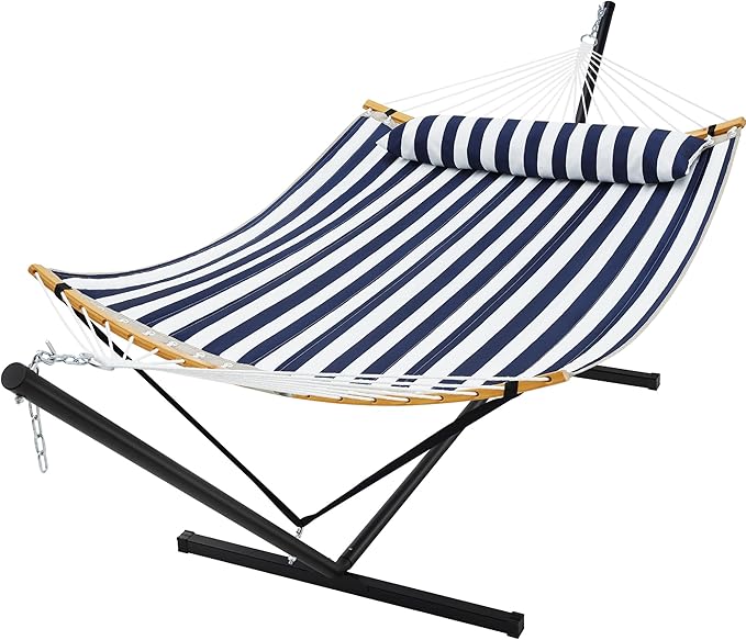 SUPERJARE Curved-Bar Hammock with Stand, 2 Person Heavy Duty Hammock Frame, Detachable Pillow & Portable Carrying Bag, Perfect for Outdoor & Indoor, Denim Blue with White Stripes