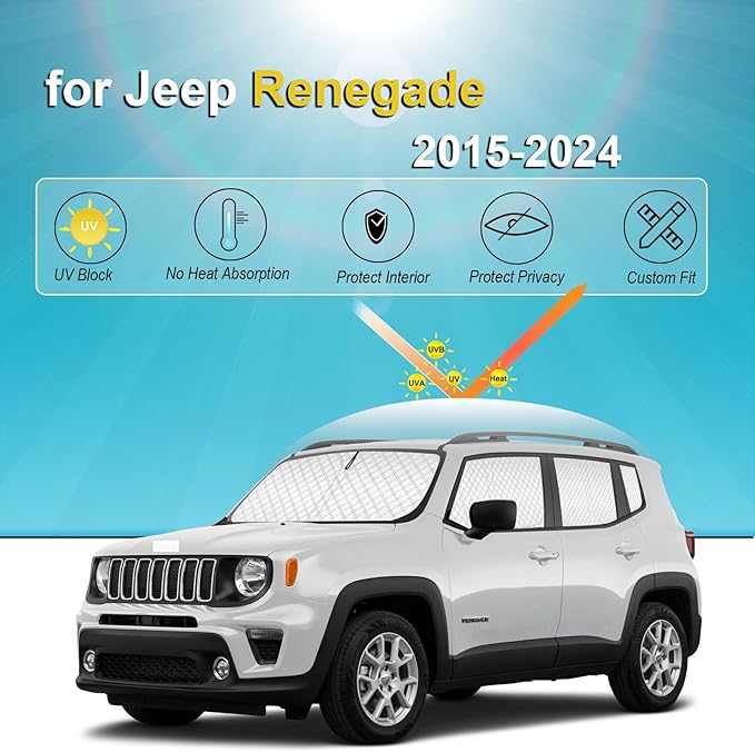 KMF 8pcs Thicken Sun Shades for Jeep Renegade 2015-2024 Accessories, Windshield Sunshade Full Car Window Covers for Side Rear, UV Block and Privacy Blackout for Camping Outdoor