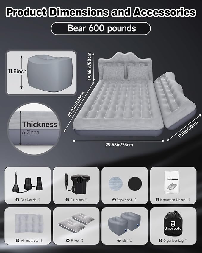 Umbrauto Car Air Mattress Bed: Inflatable SUV Camping Sleeping Pad for Truck Back Seat with Pump & Pillows, Blow Up Backseat Car Mattress for Van Rear Seat