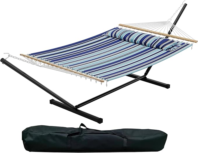 Double Hammock with Stand for 2 Person, Outdoor Freestanding Hammock Bed with 475lb Capacity - Heavy Duty Steel Frame, Quilted Pillow & Portable Carry Bag, Easy Assembly, Blue