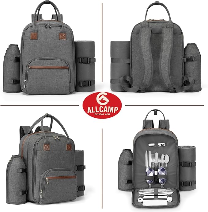 ALLCAMP Picnic Backpack - Insulated Cooler Bag with Compartment, Detachable Wine Glass Holder, Throw Blanket & Cutlery Set, 2 Person Picnic Set for Family Outings, Couple Gifts (Gray)