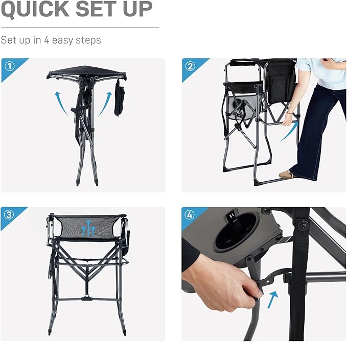 EVER ADVANCED Portable 30.7" Seat Height Tall Folding Camping Chair Directors Chair High Foldable Bar Stool with Side Table for Makeup Artist, Sports Event, Craft Show, Textilene Mesh, Supports 350LBS