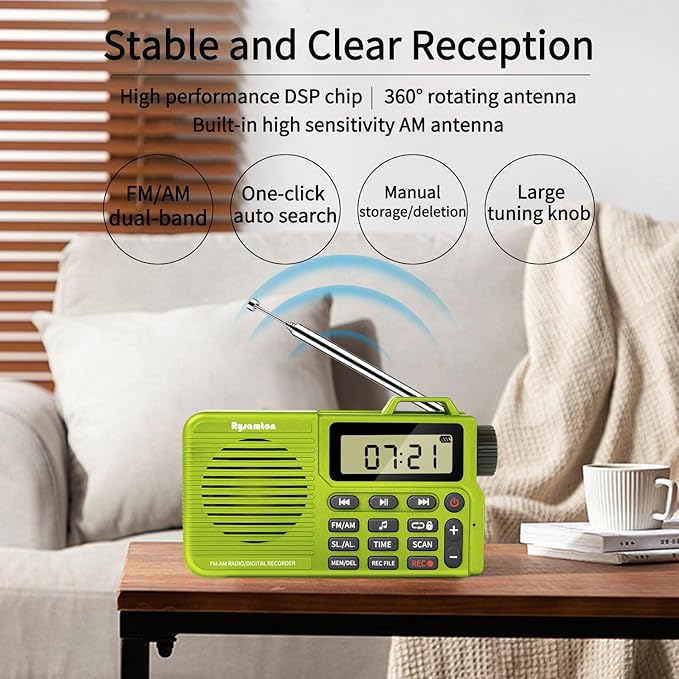 Portable AM/FM Radio, Digital Radio Recorder, Bluetooth 5.0 Speaker, Alarm & Sleep Function, 12/24H Time Display (Yellow Green)