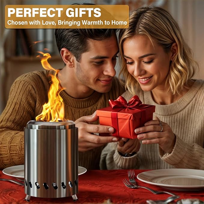 HGD Small Tabletop Fire Pit 8.0 x 5.5 in, Portable Mini Smokeless Table Top Firepit, Low Smoke Camping Stove for Outdoor/Patio, with Travel Bag & Forks, Fueled by Pellets/Wood, Stainless Steel, Silver