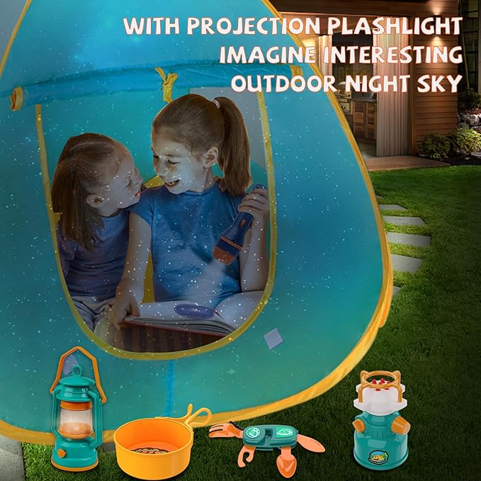 Qtioucp Kids Camping Set Pop Up Play Tent & Space Projector Flashlight- Outdoor Campfire Toy for Toddlers Kids - Pretend Play Camp Gear Tools for Birthday Christmas