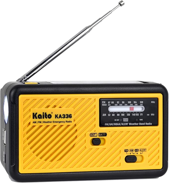 Kaito Voyager ECO Emergency Radio KA336 AM/FM NOAA Weather Alert 5-Way Powered Solar Crank Radio Receiver with LED Flashlight and USB Mobile Phone Charger Yellow