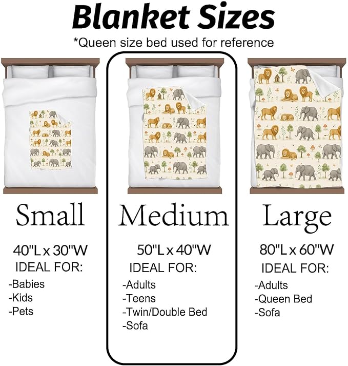 Wildlife Blanket Cute Lion and Elephant in Soft Watercolor Jungle Pattern Throw Blankets Lightweight Flannel Throws for Camping Couch Chair Bed Home Decor Gifts for Animal Lover,50x40inch