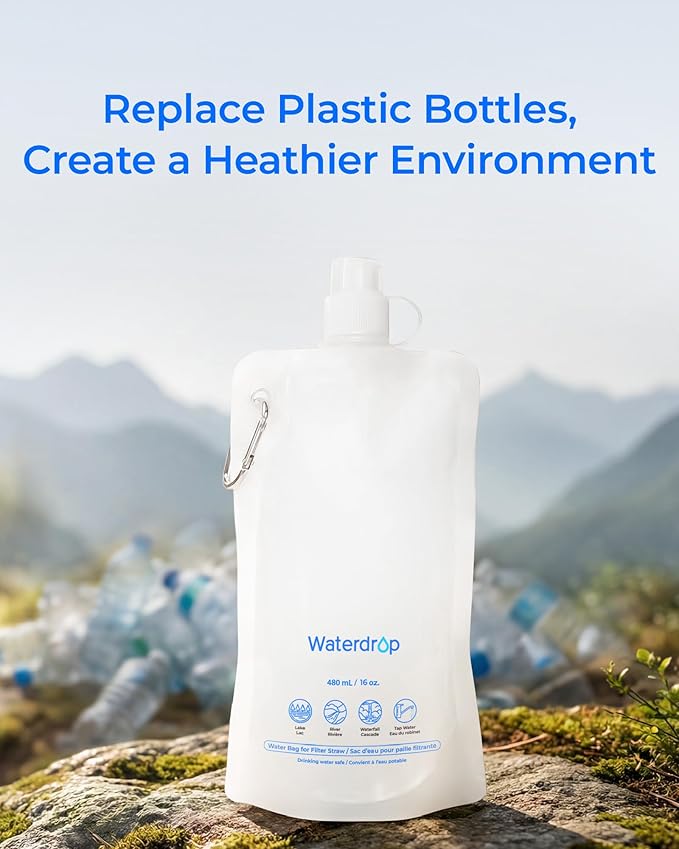 Waterdrop 16 oz Collapsible Water Pouch, Pack of 3, Hiking, Camping, Travel, BPA-Free, Reusable, Foldable