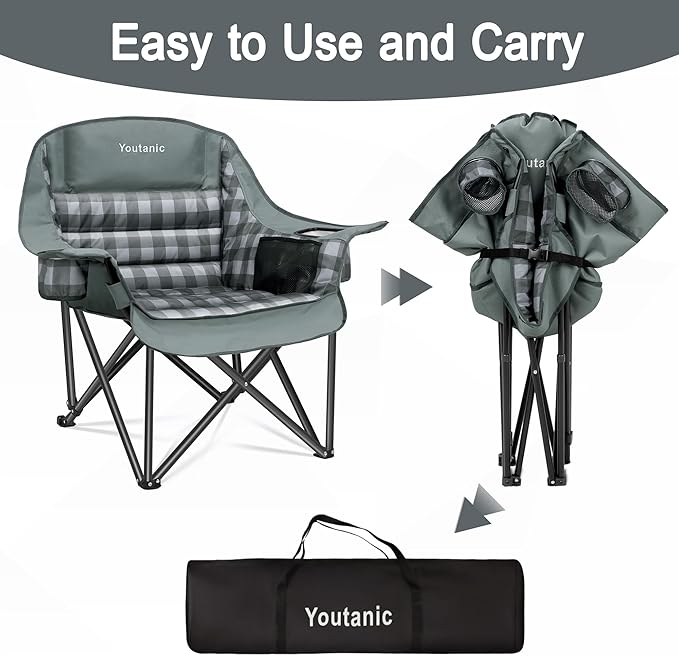 Youtanic Padded Camping Chairs for Adults, Heavy Duty 400 lbs Foldable Lawn Chair, Oversized Ergonomic Outdoor Seat with Classic Plaid Design, Cup Holders & Storage Pockets for Fishing, Sports, Gray