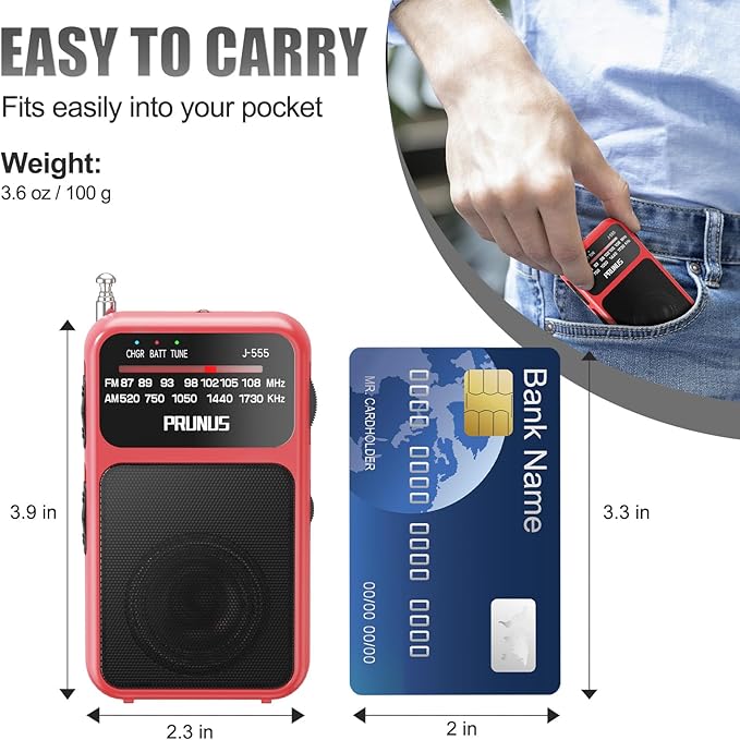 PRUNUS J-555 Pocket Radio AM FM USB-C Charging& Battery Operated, Excellent Reception& Clear Speaker and Headphone Jack, Back Clip, Flashlight, Transistor Radios, Portable Radio AM FM, Mini Radios