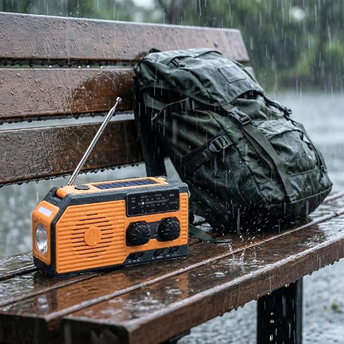 4-in-1 Emergency Radio with Solar Panel, Crank Radio Solar Charging with Flashlight and Power Bank, Emergency Radio Hand Crank Solar, AM/FM/SW NOAA for Camping & Hiking