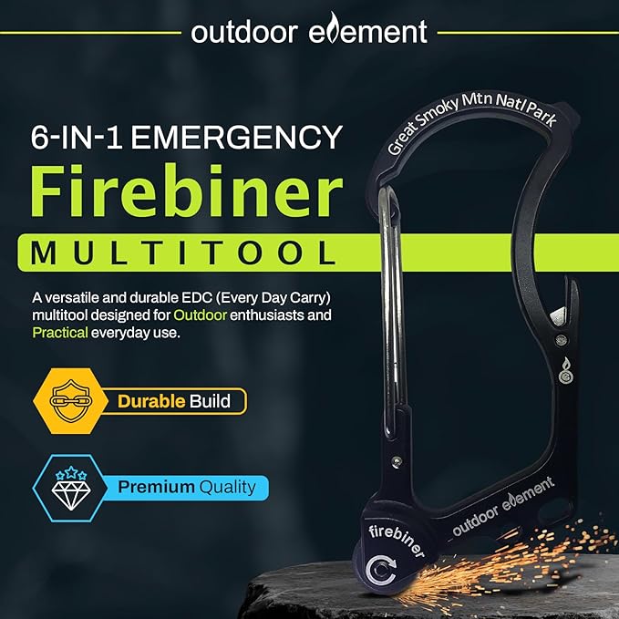 OUTDOOR ELEMENT Firebiner Custom Engraved 6-in-1 Fire Starter Carabiner Multitool – Survival Gear EDC Keychain with Utility Blade, Bottle Opener, Screwdriver, Emergency Tool
