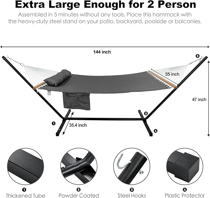 GAFETE 2 Person Hammock with Stand for Outside, Heavy Duty Steel Stand, 55inch Double Hammocks, Large Removable Pillow, Storage Bags, Max 475 lbs Capacity (Haze Gray)