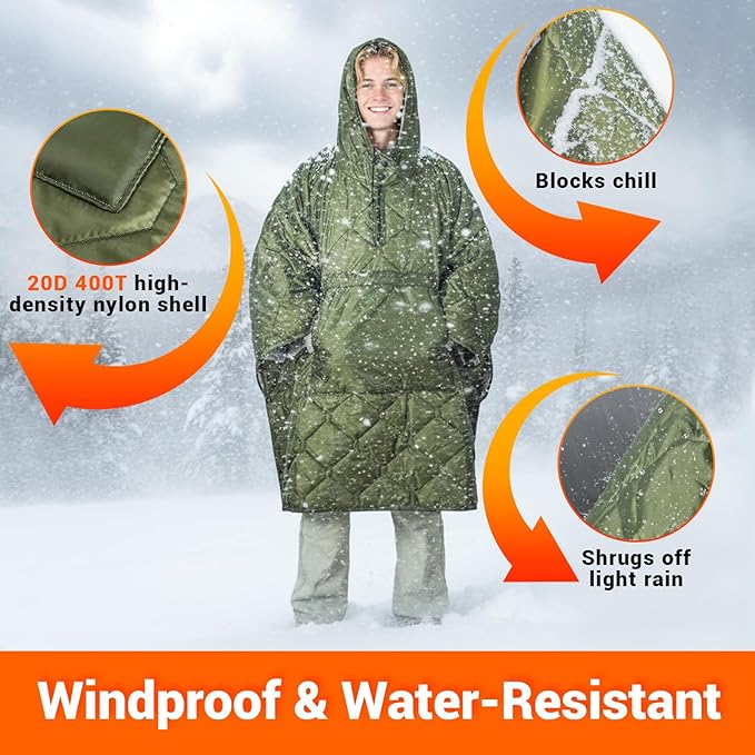 FUNANASUN Hooded Camping Blanket Poncho, Stadium Woobie Blanket, Machine Washable/650FP Insulation, Ultralight & Packable, Fit Most Adult Sizes, Can Be Used as Shawl/Wearable Sleeping Bag/Cloak