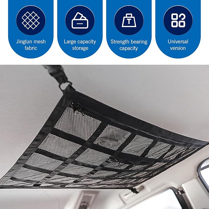 WZP Car Ceiling Cargo Net, 31.5" x 21.6" Double-Layer Mesh Car Roof Storage Ceiling Cargo Net with Adjustable D-Buckle, Universal Auto Accessories for SUVs, Road Trips, Camping Essentials
