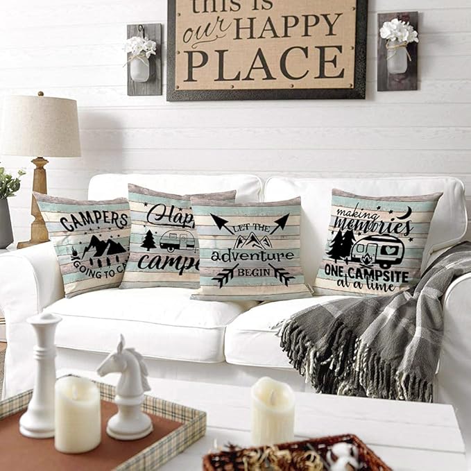 Happy Camper Pillow Covers Vintage Rustic Wood Background Inspirational Quotes Home Outdoor Decorative Throw Pillow Case Cushion Cover Set of 4 18" x 18"