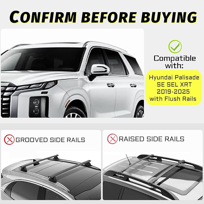 Car Roof Rack Cross Bars Compatible with 2019-2025 Hyundai Palisade SE SEL XRT (Fit for Flush Side Rails), Aluminum Lockable Roof Cross Bars for Kayak Bike Rooftop Cargo Carrier Bag Basket Luggage
