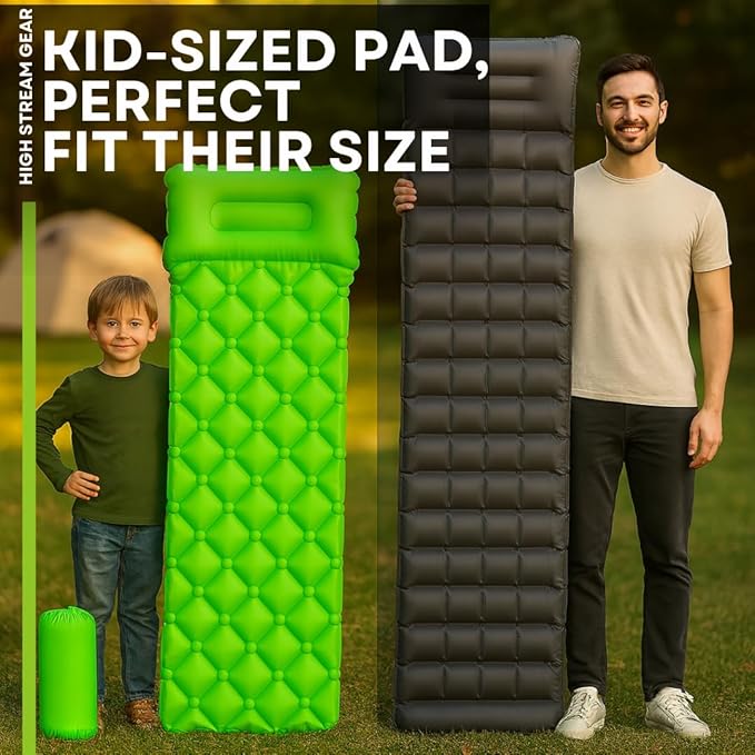 Kids Sleeping Pad for Camping and Sleepovers with Pillow, Inflatable Camping Mattress for Backpacking & Travel, Thick Toddler Cot Mat, Fast Inflating Camping Sleeping Pads for Kids