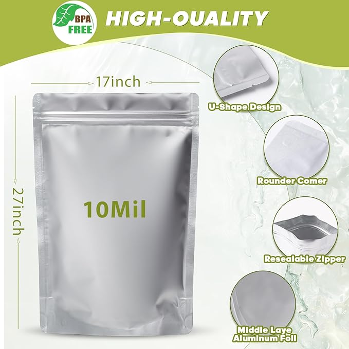 10pcs 5 Gallon Mylar Bags for Food Storage with Oxygen Absorbers 2500cc and Labels, Extra Thick 10 Mil - 17x27 Inch Zipper Pouches Resealable for Long Term Food Container Sets - Heat Sealable