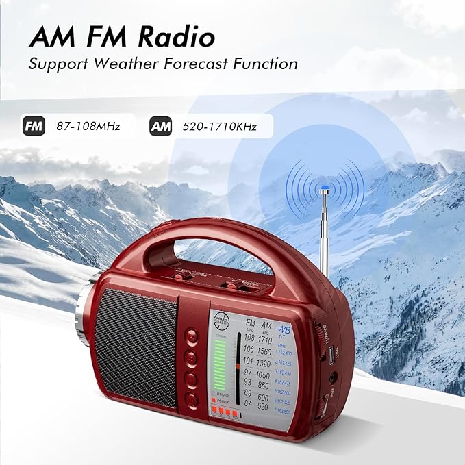 AM/FM/NOAA Weather Radio with Bluetooth Rechargeable Emergency Radio Built-in Rechargeable Battery or 4 AA Battery Operated & AC Power Plug in Wall for Home Camping RED