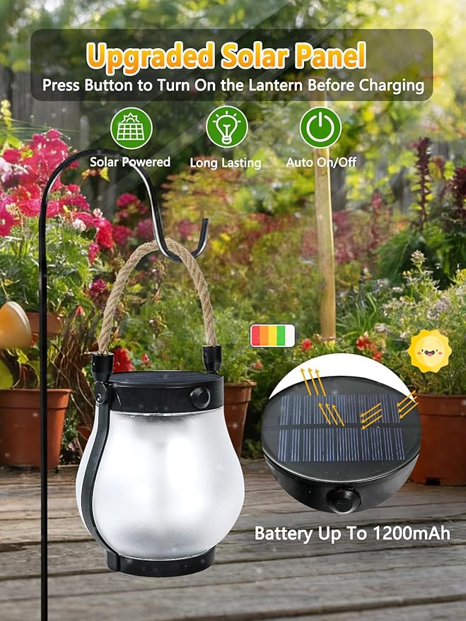 1 Pack Gen2 Solar Lights Outdoor Waterproof, Solar Lantern with Dancing Flame, 2 Lighting Modes, Dual Charging USB & Solar Powered, with Hanging Rope Handle for Patio Yard Garden Tree Tabletop Decor