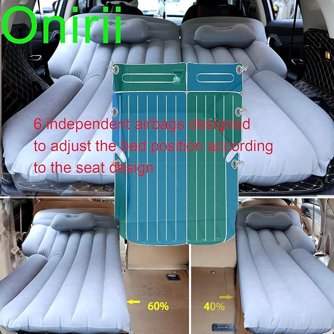 Onirii Inflatable SUV Air Mattress,Thickened Flocking Car Travel Camping Bed with 2 Pillows & Air Pump,Portable Car Sleeping Mattress for SUV Trunk and Rear