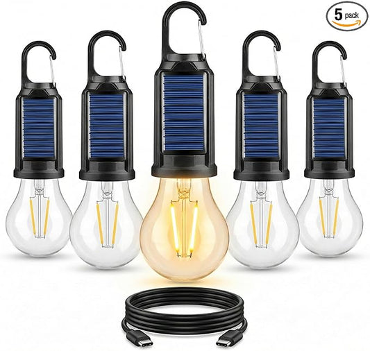 MODOAO 5-Pack Solar LED Camping Light Bulb, Rechargeable Emergency Light Bulbs for Power Outage, Portable Tent Lantern with Hook, Solar Camping Lights for Tent, Hiking, Home – Waterproof Solar Bulbs