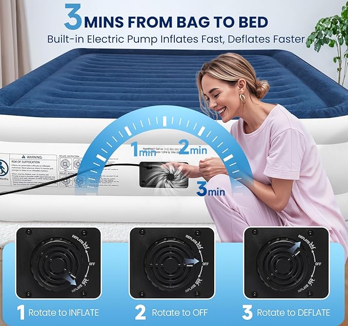 KINGJERRY Queen Air Mattress with Built in Pump, Blow Up Mattress Queen 18 Raised Comfort, Upgrade Surface Inflatable Mattress, Leakproof Air Bed for Home Guests&Camping, 800 lbs Max, 3-Min Inflation