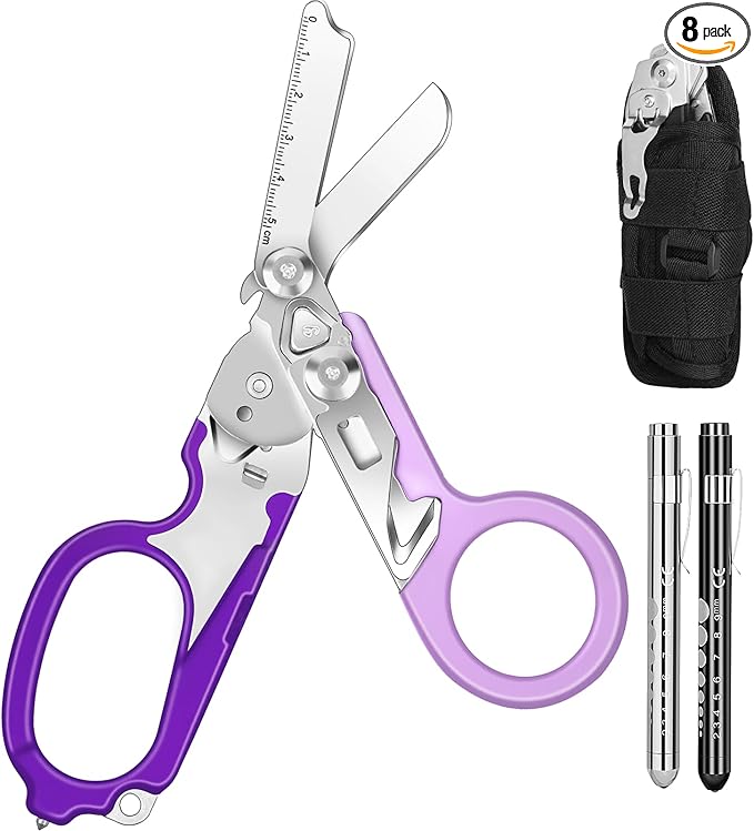 6 In1 Multifunction Emergency Response Shears, Stainless Steel Foldable Trauma Shears with Strap Cutter and Glass Breaker,Medical Scissors with Holster and Penlight Purple