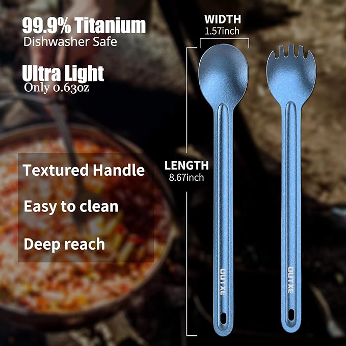 OUTXE Ultralight Titanium Long Handle Fork and Spoon Set