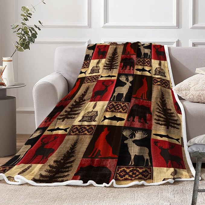 Torich Rustic Cabin Throw Blankets, Country Vintage Bear Moose Wood Cozy Warm Bed Couch Blanket, Farmhouse Hunting Camping Forest White Fleece Flannel Throws to Decorate The Room and Bedroom