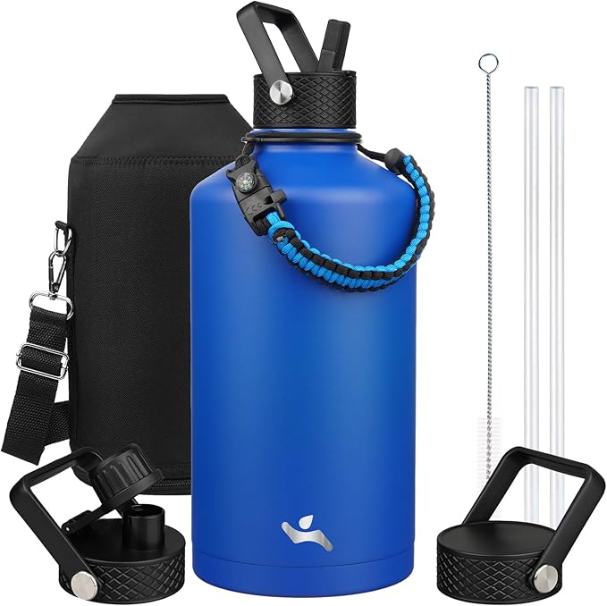 Konokyo Gallon Insulated Water Bottle with Straw,128 oz 3 Lids Water Jug with Carrying Bag,Paracord Handle, Double Wall Vacuum Stainless Steel Metal Flask,Blue