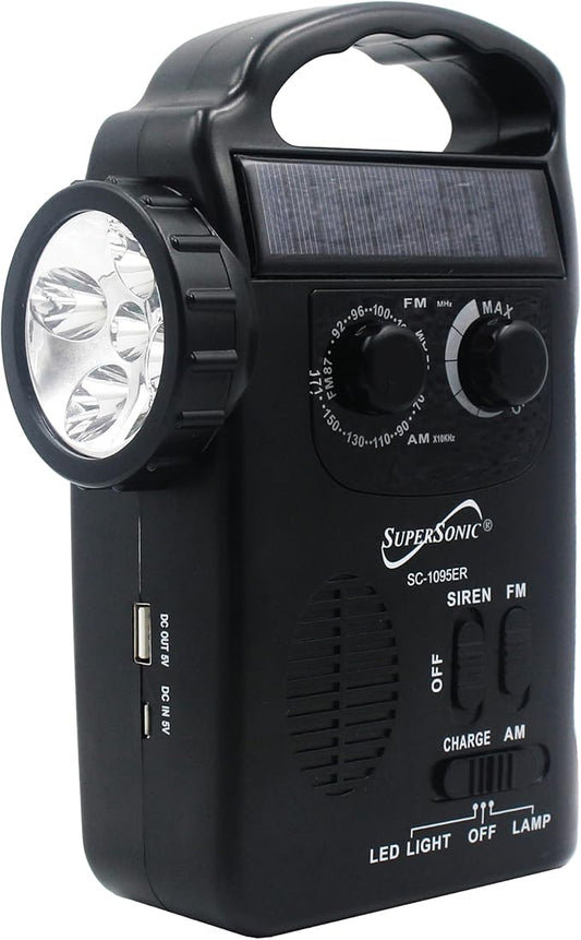Supersonic SC-1095ER Emergency Solar/Hand Crank Radio w/Flashlight, 3 Power Supplies, Emergency Lantern, Speaker, AM/FM Radio, Solar Panel, Hand Generator, SOS Alarm, Phone Charger, 3xAA Compatible